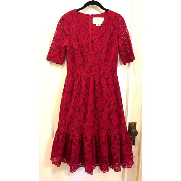 GAL MEETS GLAM Red Lace Fit & Flare Midi Dress Women's Size 4 - Picture 2 of 10